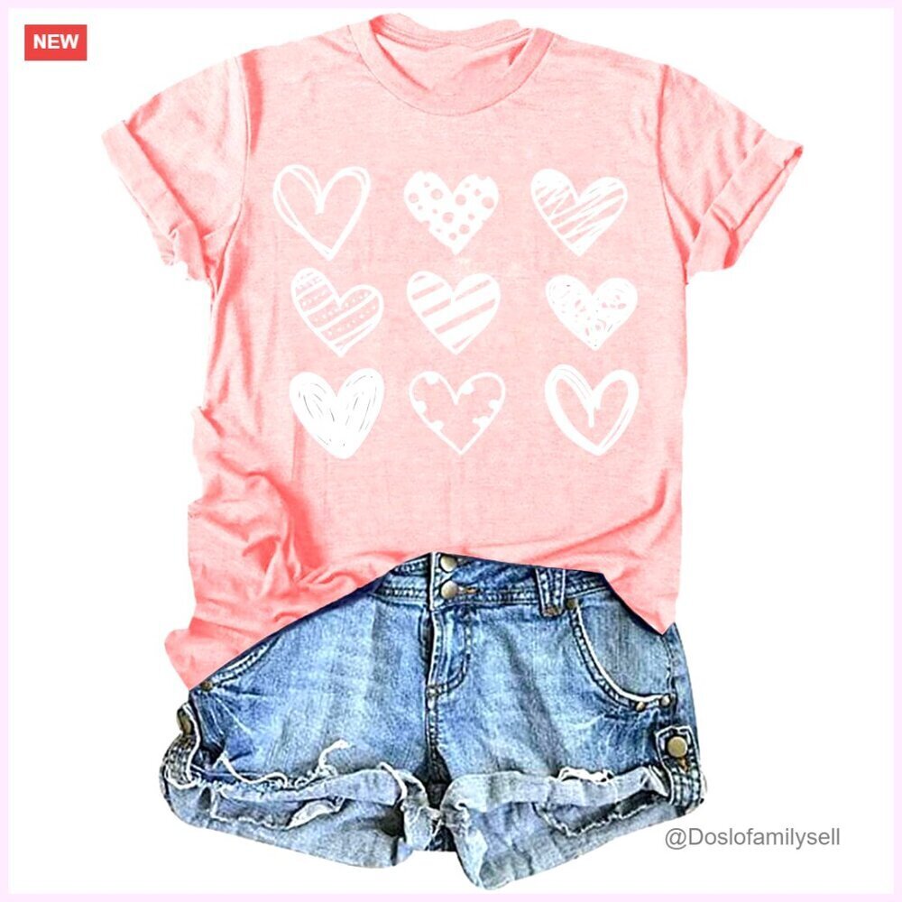 Cute Heart Print Short Sleeve Tee Women's Casual Tops Valentine's Day Gift